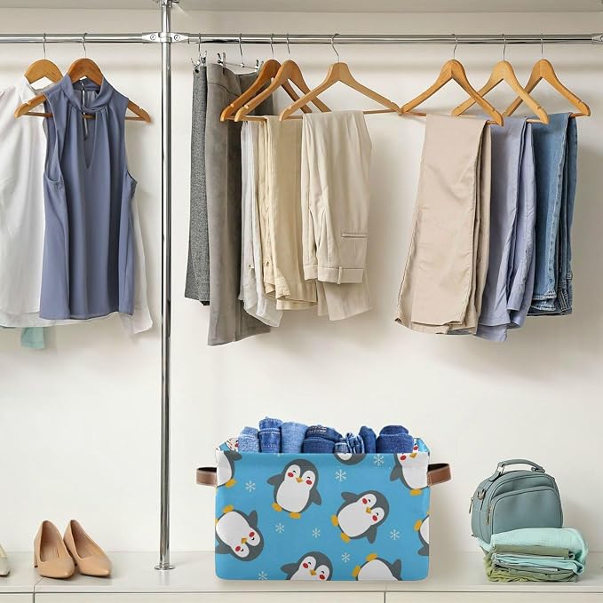 Christmas Snow Penguin Blue Print Rectangular Storage Bin Basket with Handles - Organizer Bins Laundry Storage Basket for Pets Room Books Closet