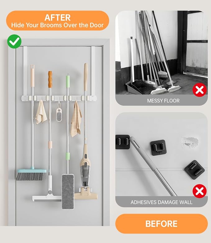 Broom Holder Over The Door with Hooks -304 Stainless Steel (White) | Save Space, Anti-Rust & Sturdy, Mop and Broom Holder Wall Mounted or Hanging Over The Door, for Garage Laundry Kitchen