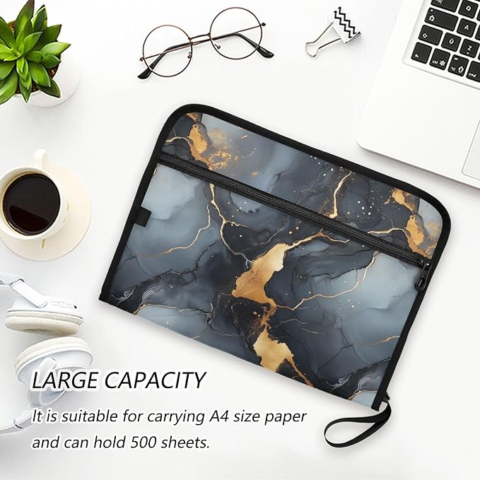 13 Pocket Zipper Expanding File Folder A4 Marble Print Black | Accordion File Organizer with Front Pouch A4 Letter Size Portable Folders for Documents Receipt School Office Supplies