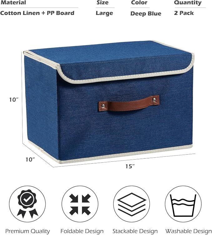 2PCS Storage Boxes with Lids Cotton Linen Fabric Bins Baskets | Decorative Collapsible Washable, Clothes Container Organizer for Closet Shelf, w/ Faux Leather Handles, Deep Blue, Large
