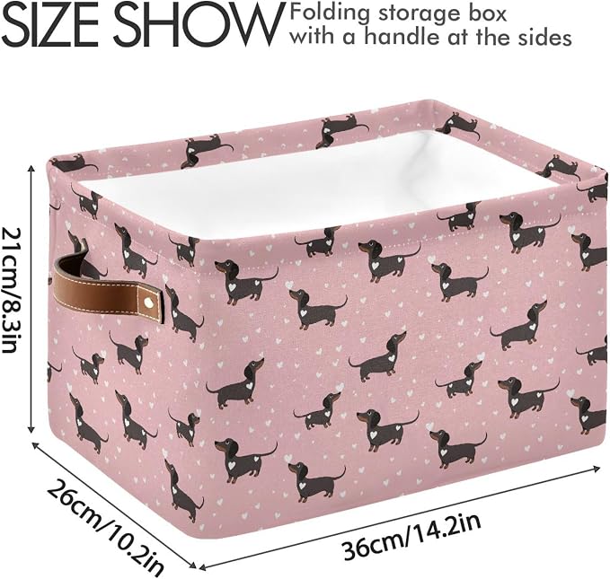 Pink Love Dachshund Dog Storage Basket Fabric Kitchen Baskets Cute Puppy Open Home Storage Bins Boxes Foldable Organizer Bag for Baby Cloth Pet Toy Book Shelf Closet Baskets 16×12×8 Inches 2 Pack