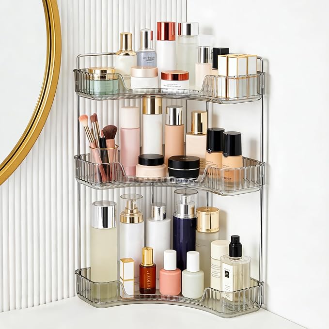 Corner Bathroom Counter Organizer, Vanity Organizer - Countertop Corner Shelf for Makeup Storage,Spice Racks for Kitchen Corner (Gray, 3-Tier)