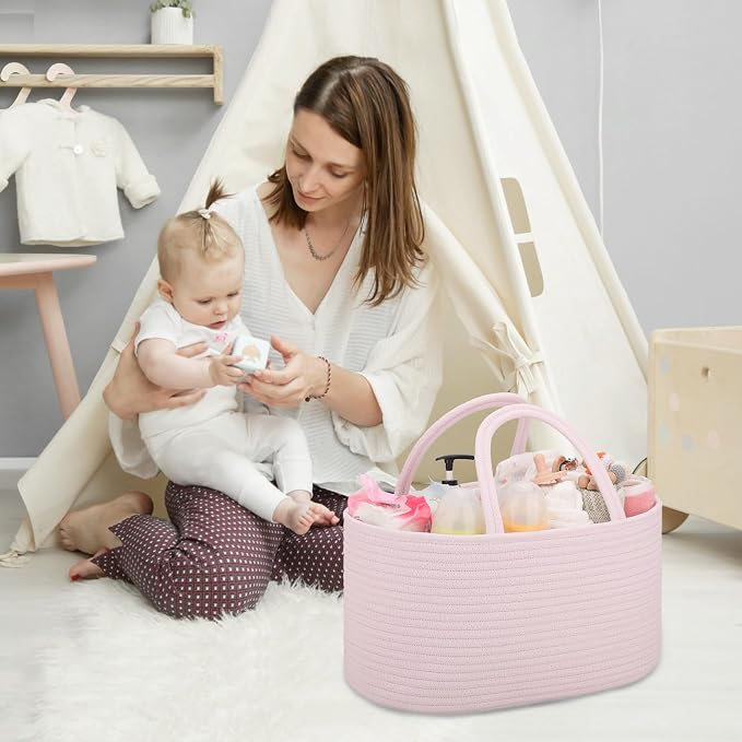 COMSE Large Cotton Rope Baby Diaper Caddy Organizer for Girls, Light pink