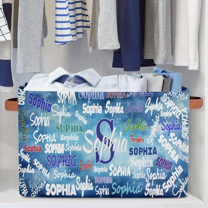 Personalized Foldable Storage Basket with Name, Laundry Hamper Dirty Clothes Pet Toys Storage Bin with Handles for Shelf Home Closet Kitchen, Watercolor Blue Universe
