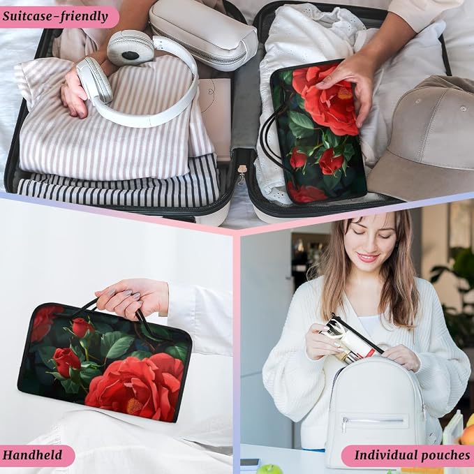 Red Rose Makeup Bag for Women Hanging Roll-Up Travel Organizer Toiletry Kit with 4 Removable Compartments, Red Floral Flower