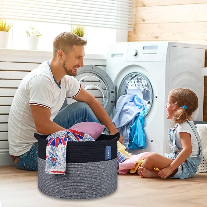 COMSE XXXLarge Woven Blanket & Laundry Basket, 87L, Black & Gray | 21.7" x 13.8", Cotton Rope, Nursery Hamper for Storage of Toys Clothes Towels, Ideal for Living Room Bedroom Bathroom