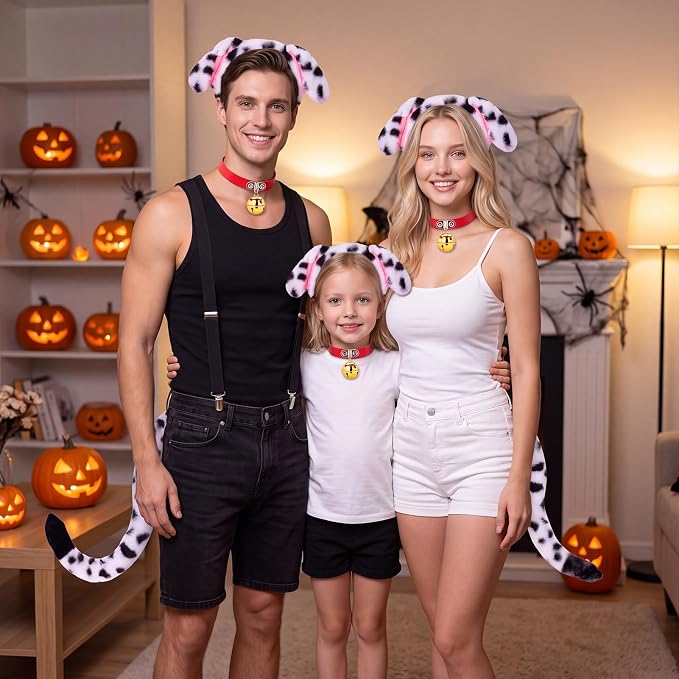 Adult Spotted Dog Costume Set Floppy Ear Puppy Cosplay Kit for Halloween | Dalmatian Puppy Accessory Kit with Floppy Ear Headband Bell Collar & Fluffy Tail Adult Animal Costume for Theme Party