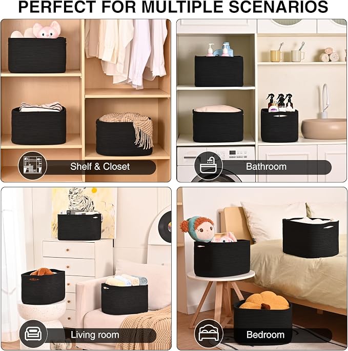 Storage Baskets for Organizing Shelves, Woven Cotton Rope Bins for Organization, Dog Toy Organizer for Shelf Living Room Bedroom, 14.8"×11"×9.5", Pack of 3, Black