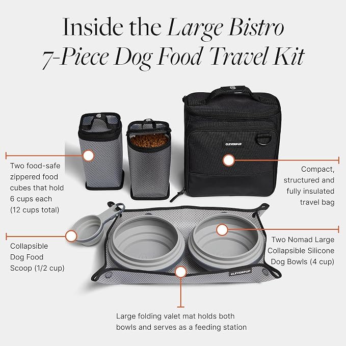 Large 7-Piece Bistro Box Dog Food Travel Kit, 12 Cup BPA-Free Kibble Storage, 2 Silicone Bowls, Mat & Scoop - Portable Pet Food Kit for Weekends, Overnights, Daycare & Camping, Graphite