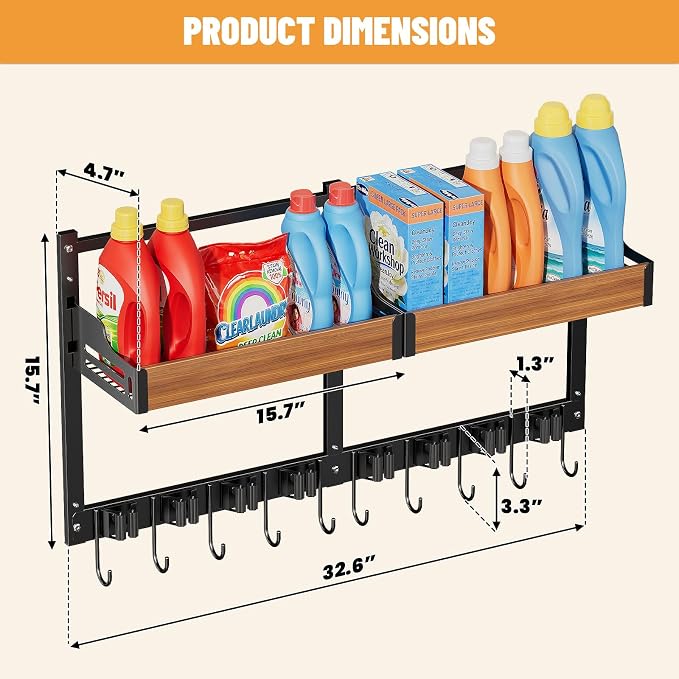 Broom and Mop Organizer Wall Mount, 2 pcs | Wall Hanging, Cleaning Supplies Organizer, Storage Shelf and Hooks, For Laundry Room Garage Kitchen