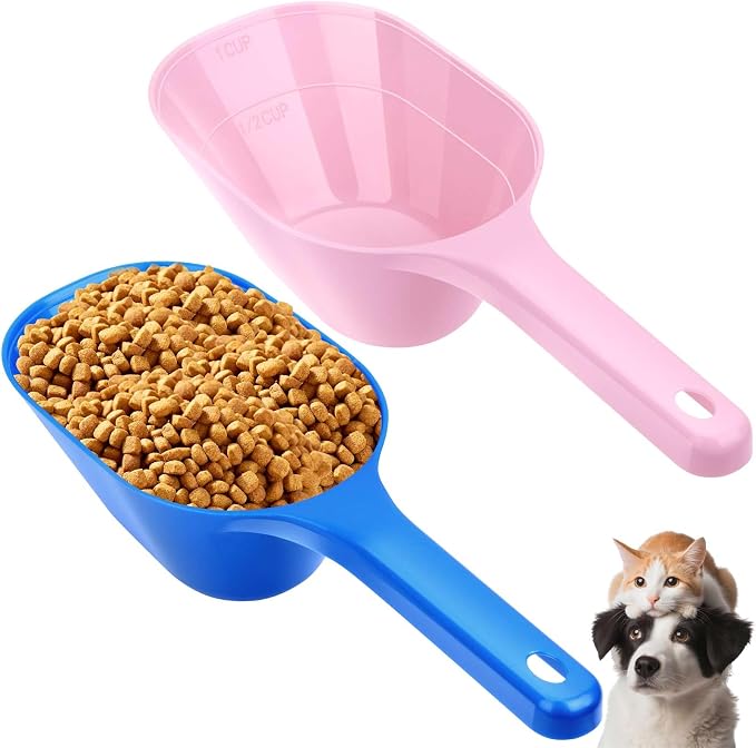 2 PACK Dog Food Scoop,1 Cup Capacity Pet Food Scoop For Dog and Cat | Pink and Blue,Clear Markings for Precise Measuring 1/2 and 1 Cup Lines,Dishwasher Safe,Plastic,Portable and Sturdy