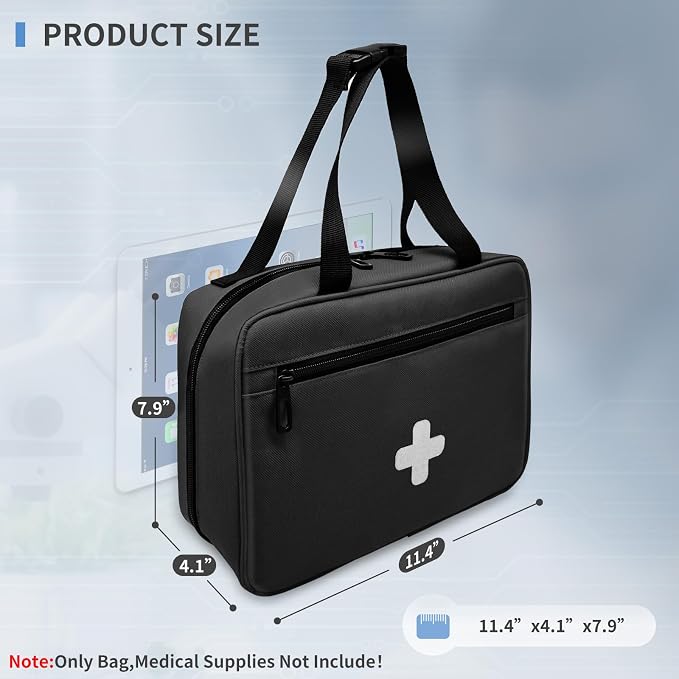 First Aid Bag Empty, Compact and Portable Medical Supplies Organizer with Multiple Compartments, Emergency Trauma Bag for Travel, Camping, Hiking, Car, Travel and Home Use, Black(Bag Only)
