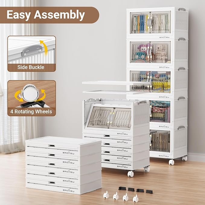BROVIEW 180Qt Stackable Storage Bins with Lid for Home Dorm, 4Pack White | Closet Organizers, Foldable & Collapsible Cabinets, Large Containers, Wheels & Magnetic Doors, Plastic Drawers for School