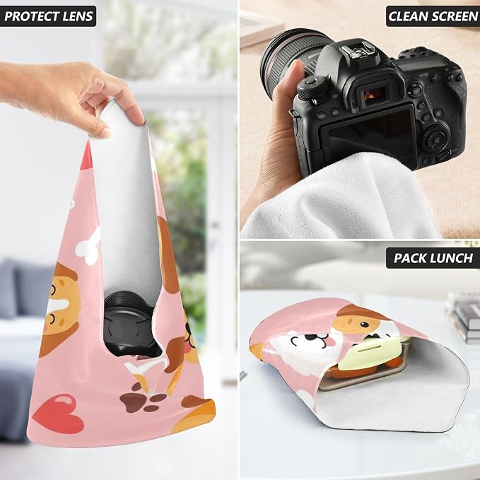 Emelivor Pets Dogs Pink Print Self-Adhesive Magic Cloth Makeup Bag Portable Cosmetic Bag for Travelling Camera Lens Wrap Travel Organizer for Cosmetics Electronics, 17.7x17.7in