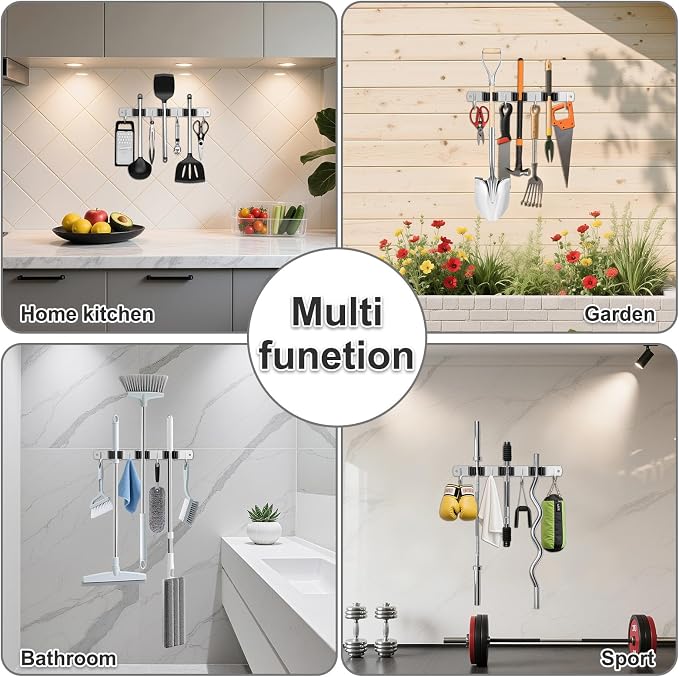 HANZENMA Broom Holder Wall Mount, Broom Organizer Wall Mount Stainless Steel Broom and Mop Hanger Heavy Duty Storage Organization for Home Kitchen Garden Garage Room 3 Racks 4 Hooks Black