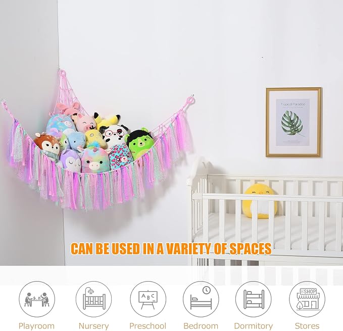 Stuffed Animal Storage Macrame Boho Plush Toy Net Hammock Room Decor | Stuffed Animals Hammock Plushie Net for Stuffed Animals Corner Hanging Holder Teddy Bear Net for Kids Girls Room Decor