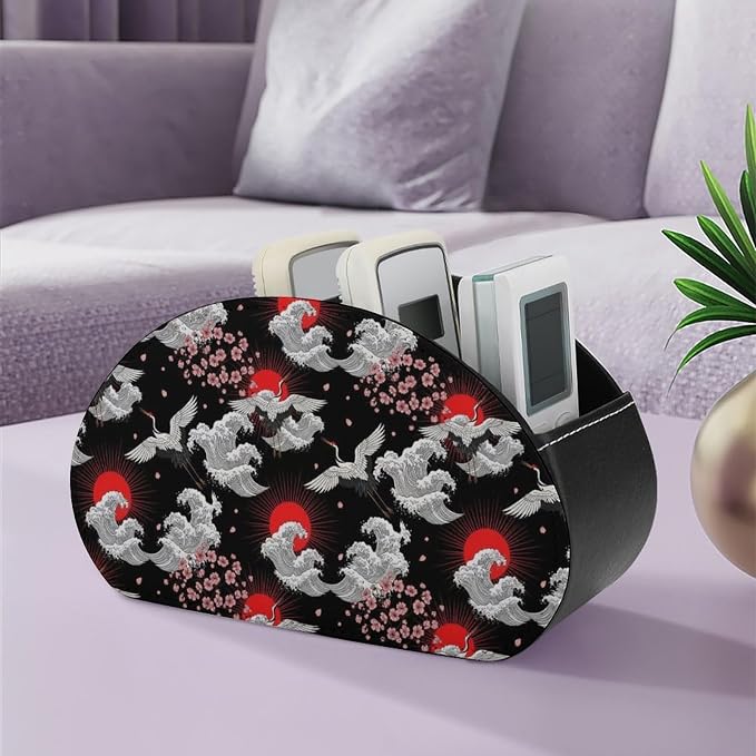 5 Compartment Remote Control Holder Ocean Cherry Floral Storage Caddy Box | Desktop Organizer, Vintage Crane Animal Red Sun Ocean Great Wave Anime Japanese Cherry Floral Blossom, for Media Player