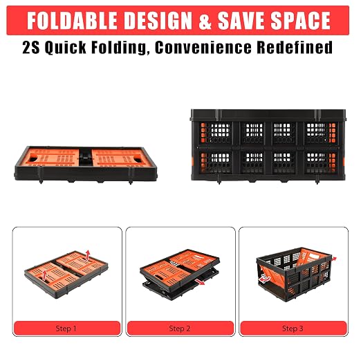 Garvee Collapsible Crate, 55L Foldable Plastic Milk Storage Crate, Orange | Heavy Duty Stackable Plastic Crates Folding Storage Baskets for Groceries, Moving, Camping & Car Storage