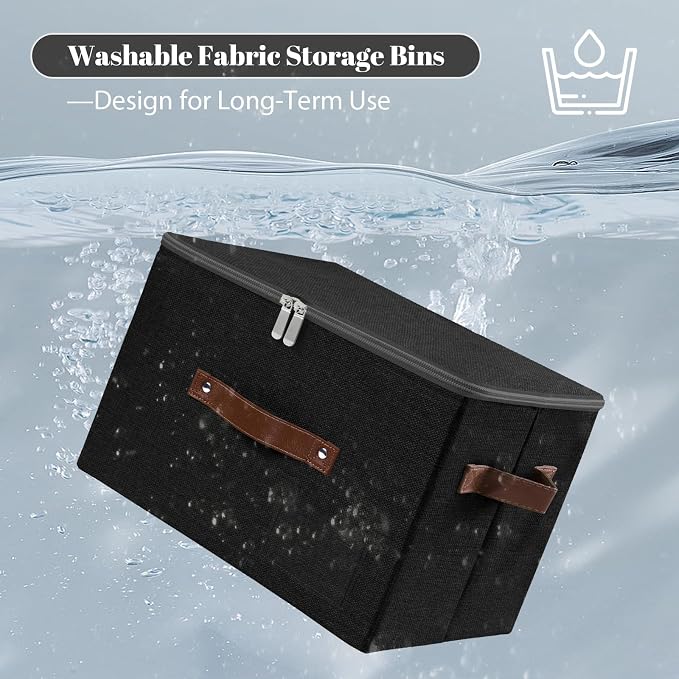 ANMINY Storage Box Fabric Bins with Zipper Lid, 15"x10"x10" Black | Keepsake Box, Decorative, Cotton Linen, Reinforced PP Board Frame, Washable, Stackable & Foldable, Label Holder & PU Handles