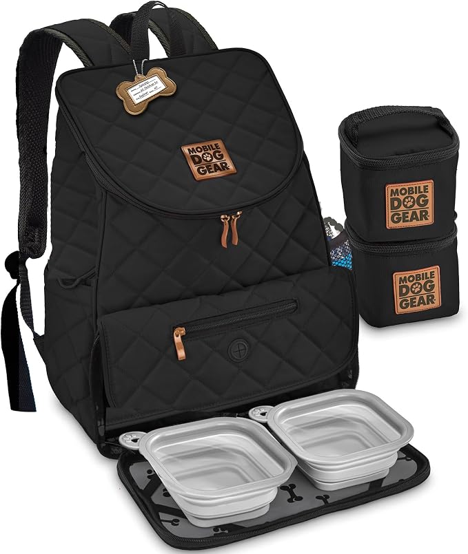 Mobile Dog Gear: Weekender Backpack - Black - Quilted Pet Travel Bag Holds Dog Accessories, Food Carriers, Silicone Bowls, Built-In Feeding Placemat