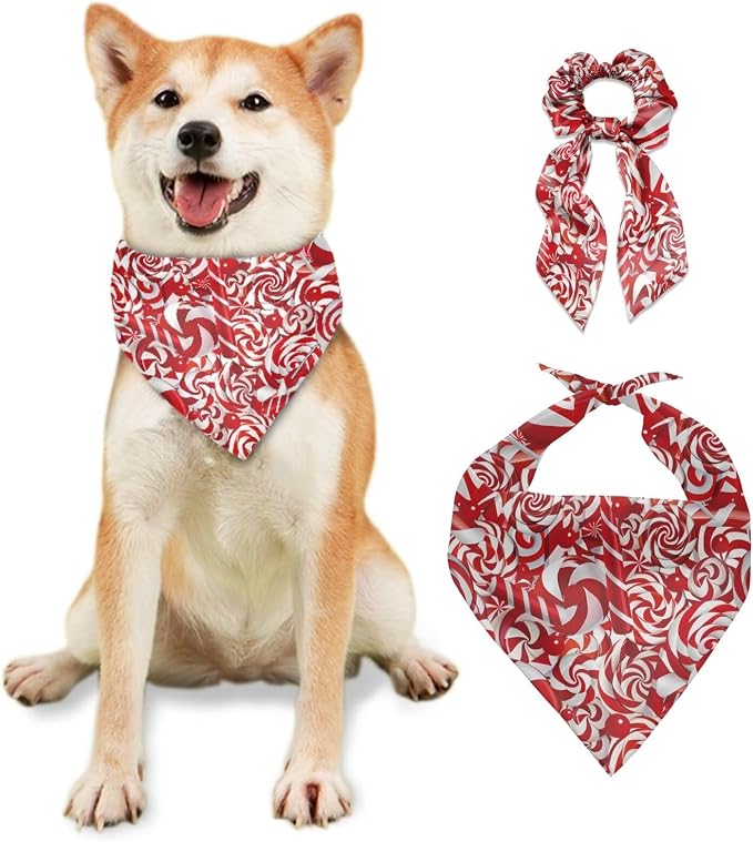 COEQINE Christmas Dog Bandanas with Hair Tie Bows for Women Holiday Costume Pet Triangle Reversible Bibs Breed for Puppy and Adult Winter Clothes Decor,Red Candy Cane