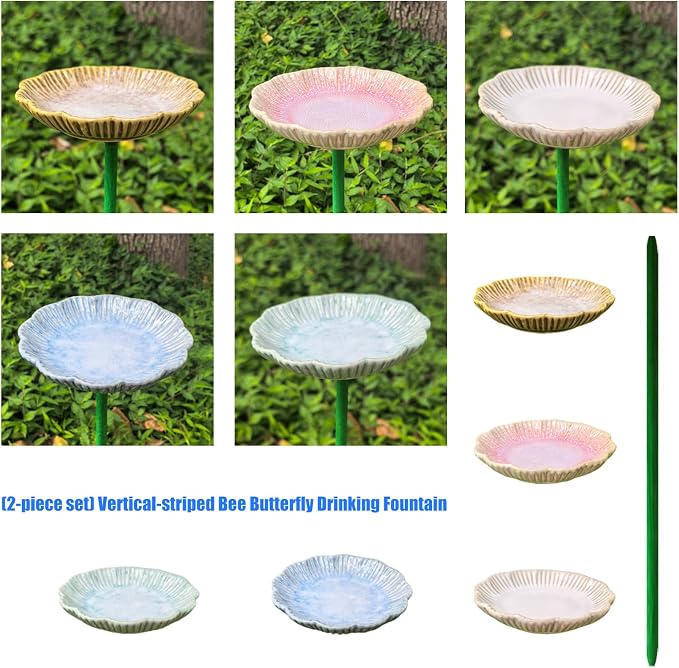 Ceramic Bird Bath Set of 2 with Fluted Bowl Stake, Vertical Green | Decorative Glazed Water Basin for Patio Garden Balcony Display