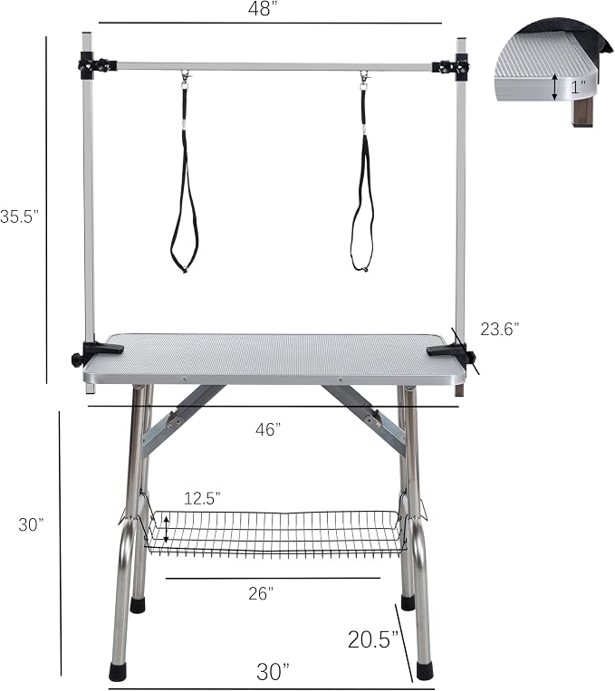 46" Pet Dog Grooming Table, Foldable Stainless Steel Frame Pet Drying Grooming Table Up to 330lbs, Professional Bathing Desk for Dogs at Home with Adjustable Overhead Arms, Noose, Mesh Tray, Silvery