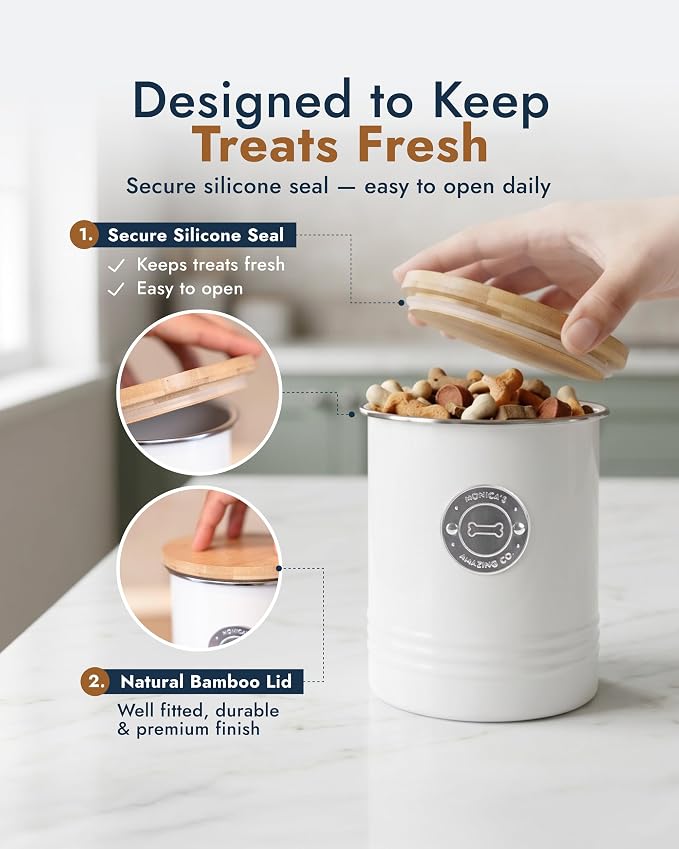Dog Treat Container with Bamboo Lid, White Metal, 5.1” W x 6.5” H, 6.4 Cups | Silicone Seal, Easy-Open Lid, Premium Seamless One-Piece Body, Dent-Resistant, Fits Most Dog Treats, Modern Countertop Decor