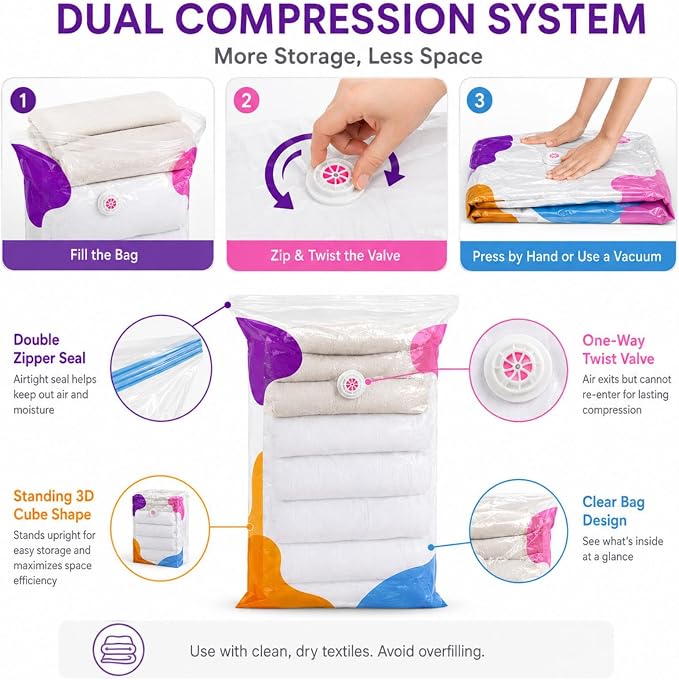 Vacuum Storage Bags, 5-Pack No-Pump 3D Cube Bags for Bedding | XXL standing compression bags for comforters, blankets and seasonal clothes; hand-press or vacuum compatible