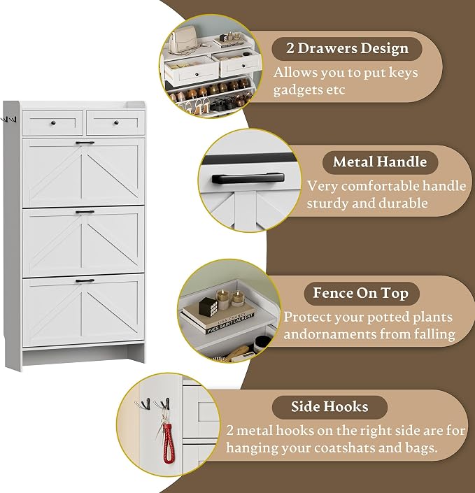 BORNOON Shoe Storage Cabinet for Entryway, Farmhouse Narrow Shoe Cabinet with 3 Flip Drawers & 2 Top Drawers, Adjustable Shelves & Hooks, Freestanding Hidden Rack Organizer for Hallway, Foyer