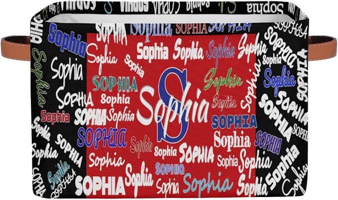 Personalized Name Storage Basket Handles, Canvas Storage Bins Toys Clothes Organizer for Bedroom, Kitchen, Bathroom, Nursery, Shelves, Closets, Black with Red Color