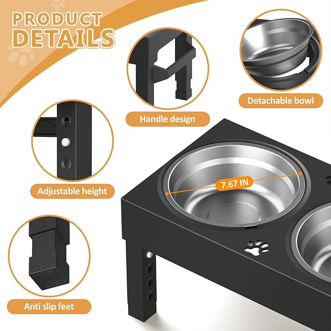 Elevated Dog Bowls Stand Large Breed, Height Adjustable Raised Dog Bowls Holder with 2 Stainless Steel Food Bowls for Small, Medium and Large Canine，Black