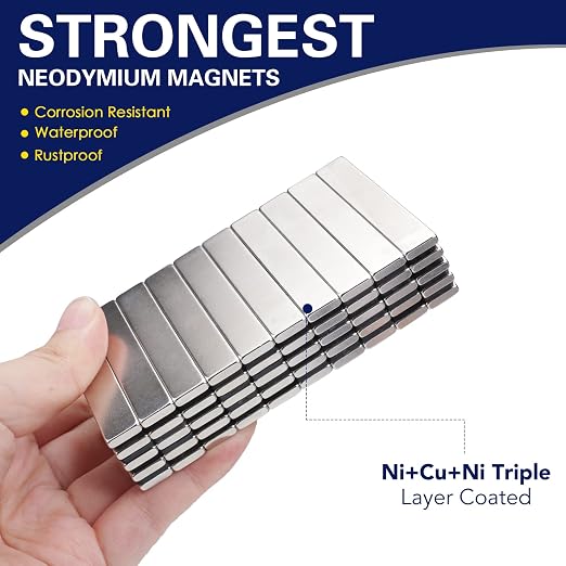 50Pcs Neodymium Magnets with Adhesive Backing 60x10x3mm Silver | Fridge Magnetic Strips Refrigerator Blocks Crafts Extra Super Sticky Bar for Science Experiments Classroom Craft Office