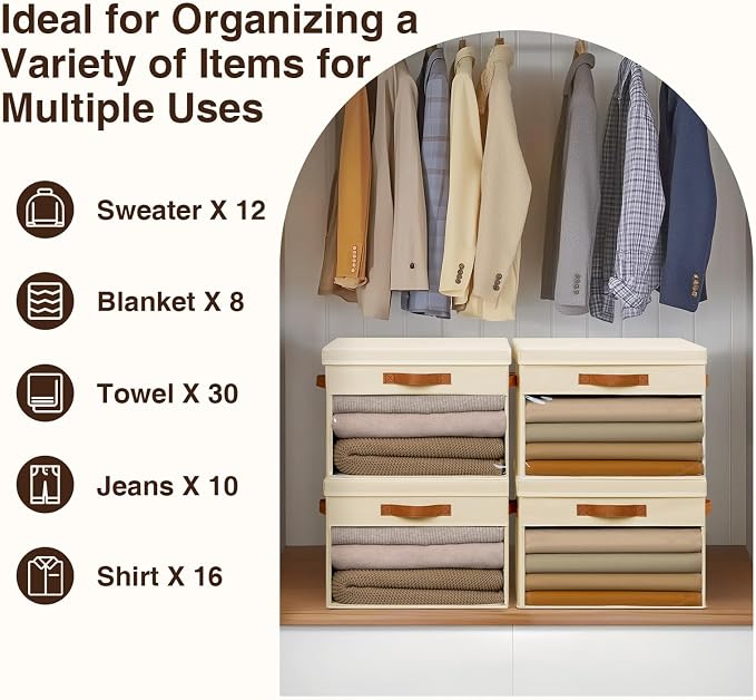 Large Storage Bins with Lids - 6 Pack Foldable Decorative Organizers with Clear Windows & Handles, Cube Storage Organizers for Clothes, Blankets, Sweaters, Sheets, Beige