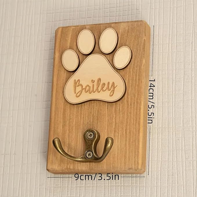 Personalized Wooden Pet Leash Hook, Custom Engraved Dog Name Hook Rack Pet Collar Wall Mount Organizer Gift for Dog Lovers