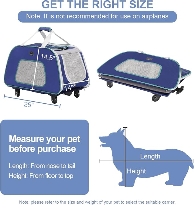 A 4 Pet Foldable Dog Carrier on Wheels, Up to 33 lbs, Navy Blue | Removable base, extendable handle, 4-wheel design, mesh ventilation, safety rope