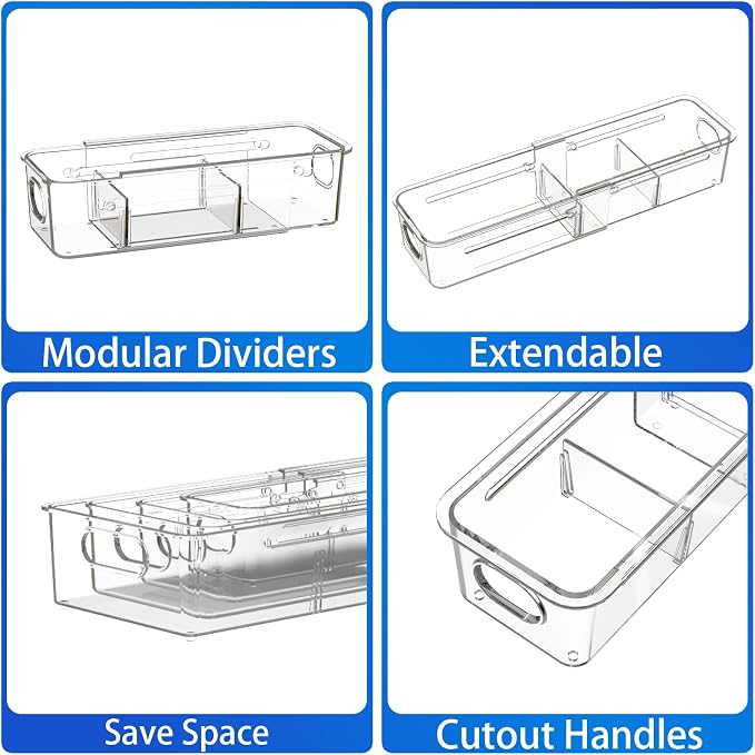 8 Pcs Expandable Drawer Organizer, Adjustable Desk Drawer Organizer with Dividers, 4-Sizes Plastic Storage Bins for Makeup, Kitchen, Bathroom Vanity, Office & Gadgets Drawer