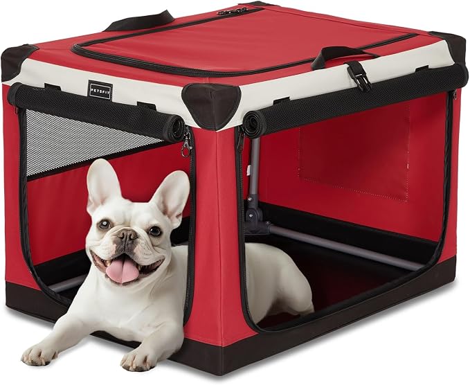 PETSFIT 26" Soft Portable Dog Crate – Patented Spiral Sturdy Frame, Collapsible Travel Kennel for Small Dogs, 3 Mesh Door, Lockable Zippers, Indoor & Car Use Red