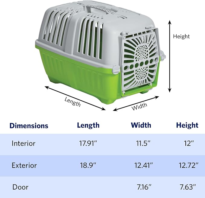 Midwest Homes Spree Travel Carrier, Small, 19-Inch, Green | Hard-Sided Pet Carrier, Plastic Door, Ventilated Design, Locking Tabs, Easy Assembly