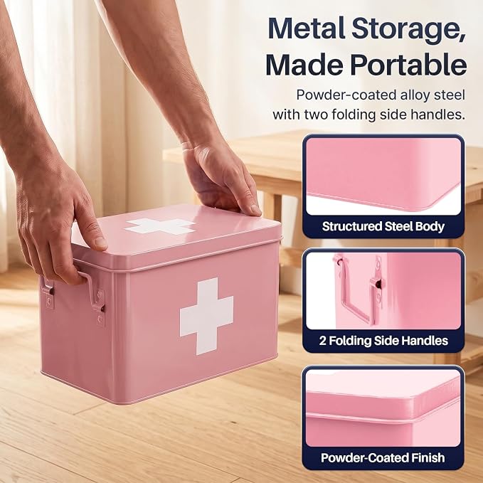 Flexzion Large Metal First Aid Box Empty, 13-Inch, Pink with White Cross | Vintage Medicine Box and First Aid Storage Organizer with Removable Tray and Dividers; Empty Box Only, Supplies Not Included