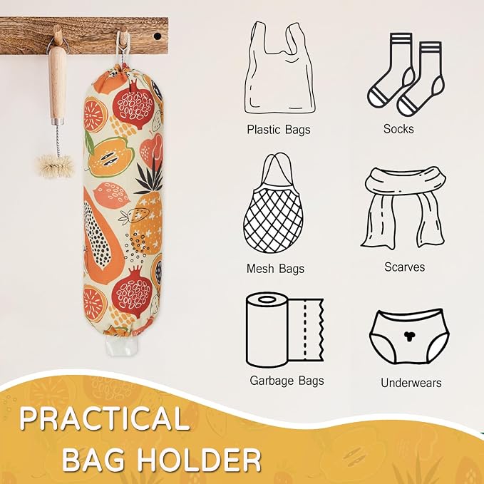 Plastic Bag Holder, Reusable Grocery Bag Holder for Plastic Bags Groceries Store, Flower Canvas Trash Plastic Bag Organizer Storage Holders for Home Kitchen Pantry Decor (Colorful Fruits)