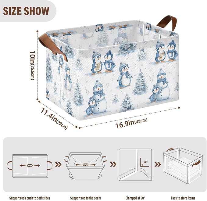 Snowman and Penguin Blue Winter Storage Basket Foldable Cube Storage Bins with Handles&Label Waterproof Collapsible Organizer Box Bin Large Rectangle Decorative Baskets for Shelves Home Room Laundry