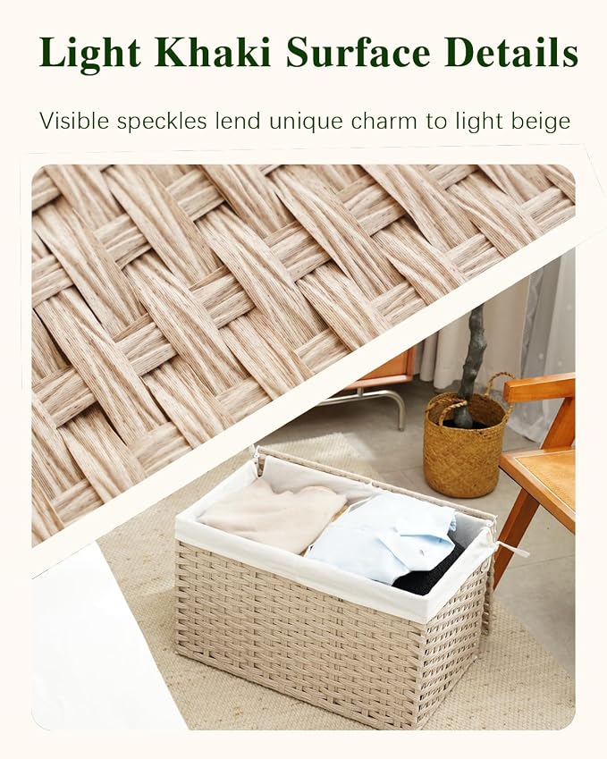 SETVSON Storage Basket with Lid 105L PE Rattan Storage Bin Light Khaki | 2 Removable Liners for Clothes & Blankets, 105L Storage Bin with 2 Separate Lids,Sturdy Metal Frame, PE Rattan