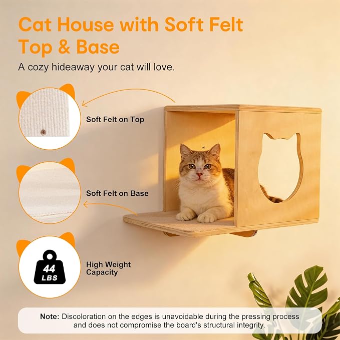 8-in-1 Cat Wall Shelves for Large Cats, Wall Mounted Cat Furniture with Feeding Station&Extra Wide Hammock, Heavy Duty Cat Climber for Indoor Cats to Sleep Play & Eat, 44lbs Capacity, Wood