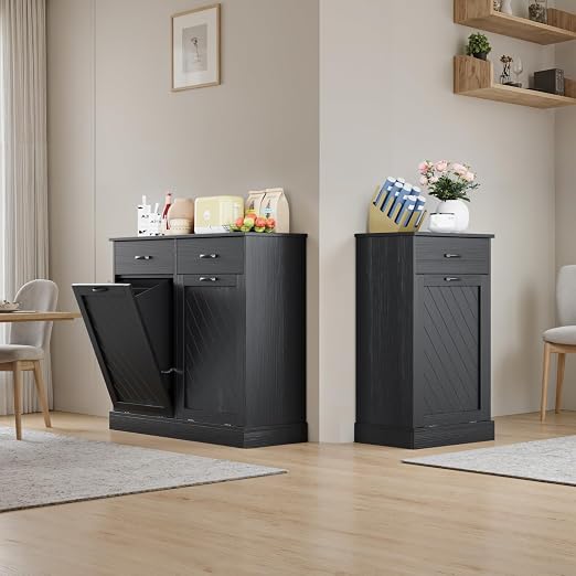 njnj 13 Gallons Tilt Out Trash Cabinet, Kitchen Hidden Trash Bin Cabinet Wood Garbage Recycling Cabinet with Hideaway Drawer, Pet Proof Freestanding Trash Bin for Kitchen Living Room Black