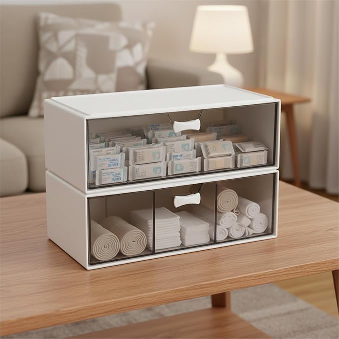 2Pack Bandage Storage Organizer -Large Capacity First Aid Organizer - 4Compartments Bandaid Holder-Medicine Cabinet Storage for Cotton Swab, Paper Clips,Pills,Flip Cover (White)