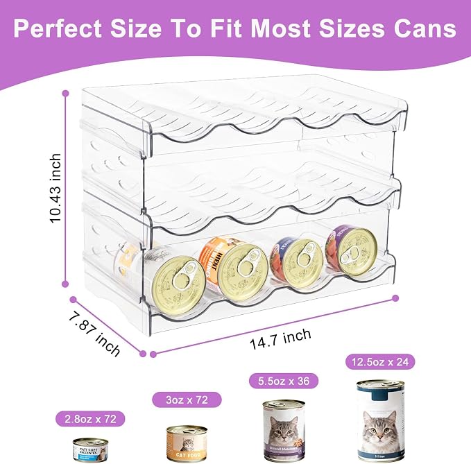 REFLYING Cat Food Can Organizer 3-Tier Holds 72 Cans Acrylic | Clear acrylic 3-tier cat food can organizer,Holds 72 cans 3oz-12.5oz,Stackable pantry storage for multi-cat households