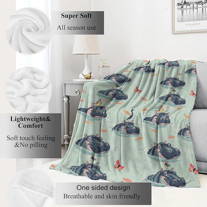 Hippo Blanket,60x80in,Cute Whimsical Water Scene Butterfly and Bird Throw Blankets,Gifts for Kids Adult & Animal Lovers, Lightweight Soft Fleece,for Sofa Couch Bed Room Modern Decor