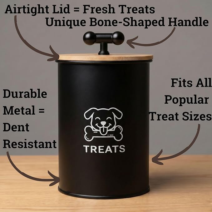 Dog Treat Container Airtight, 4.6"W x 6"H, Powder Coated, 6 Cup Capacity | Fits All Popular Treats, 6 Cup Capacity, Airtight Bamboo Lid, Easy Open Lid, Dent-Resistant Durable Metal Bone-Shaped Handle