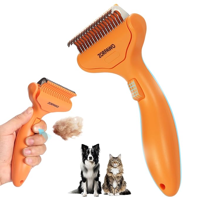 Undercoat Rake & Self-Cleaning Deshedding Brush for Dogs & Cats, Removes Mats & 95% Loose Hair, Grooming Tool for Long Hair Pets - Orange